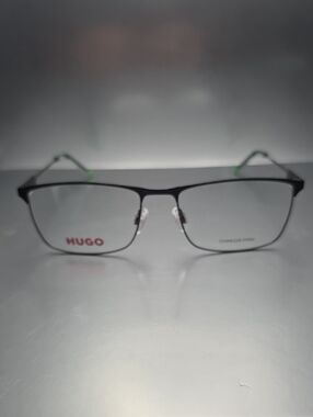 HUGO Black Metal Rectangular Eyeglasses with Green Temple Tips